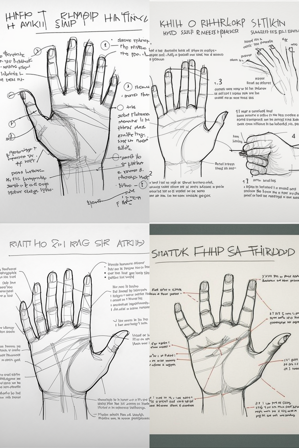 Four sketches surrounded by nonsense text as if from an art textbook about how to draw hands, but most of the hands have six fingers rather than the usual five, suggest that fingernails are possibly on the palm-side of the hand, and that the thumbnail extends from the tip of the thumb all the way back to the first knuckle.