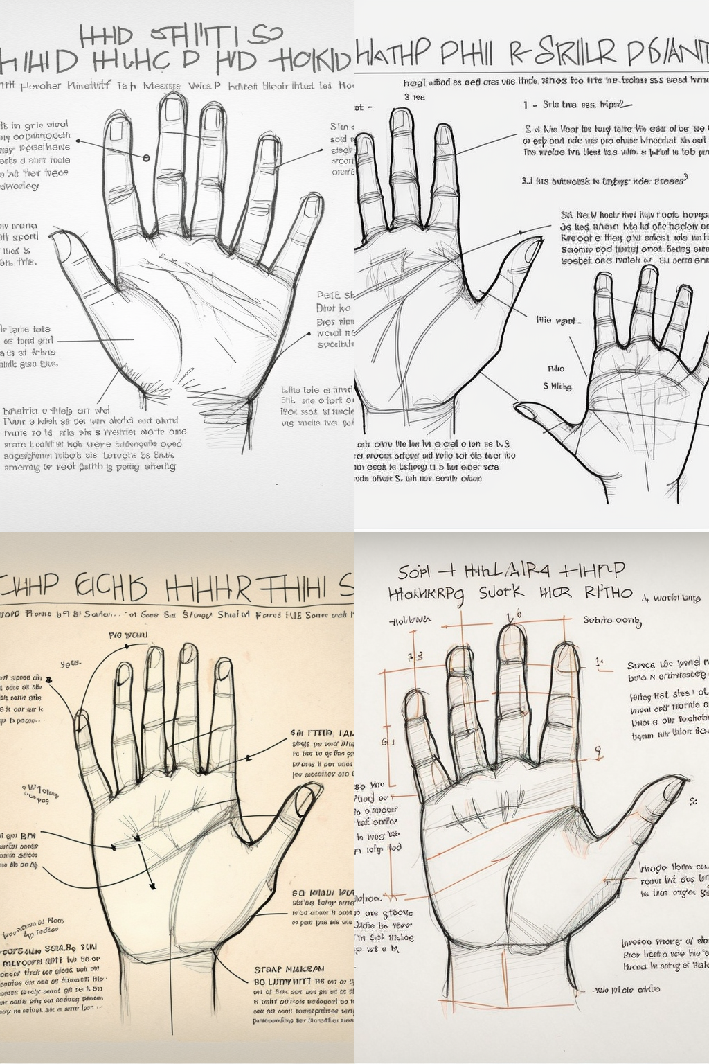 Four sketches surrounded by nonsense text as if from an art textbook about how to draw hands, but two of hands have six fingers rather than the usual five, two have fingers that are too small, one has fingers that are too large, and most are drawn to suggest that the fingernails are on the palm-side of the hand.