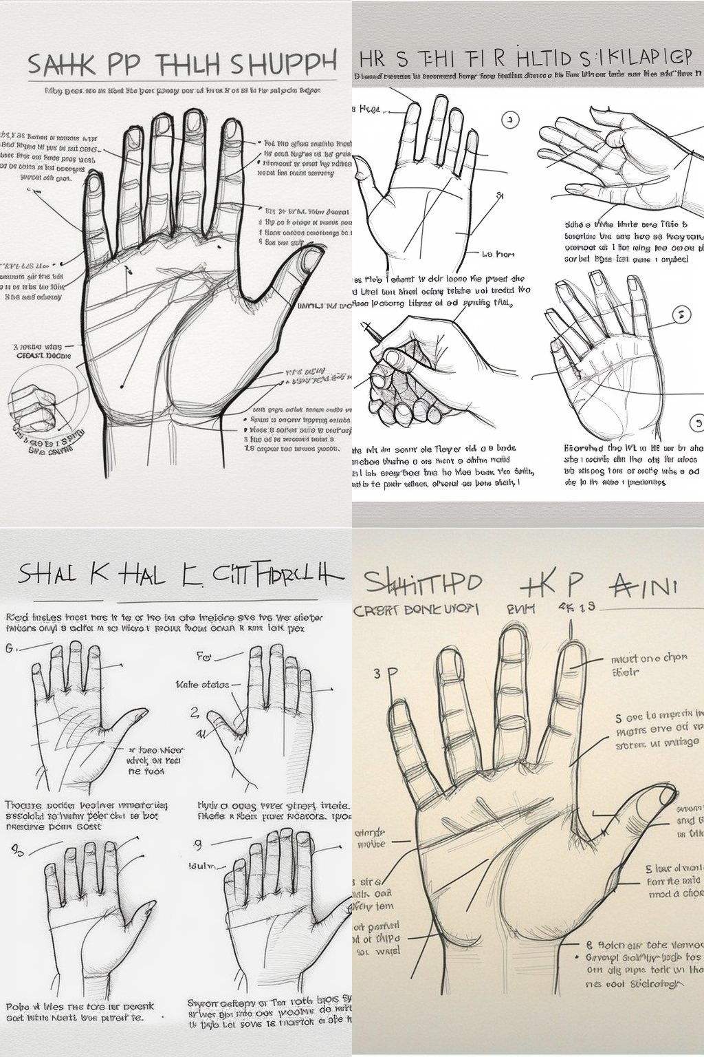 Four sketches surrounded by nonsense text as if from an art textbook about how to draw hands, but one has six fingers rather than the usual five, one has seven, and one has nine. Another hand is shown with thumbs on both sides. A few hands are drawn to suggest that the fingernails are on the palm-side of the hand. One hand has a too-large thumbnail that itself has another, smaller thumbnail.