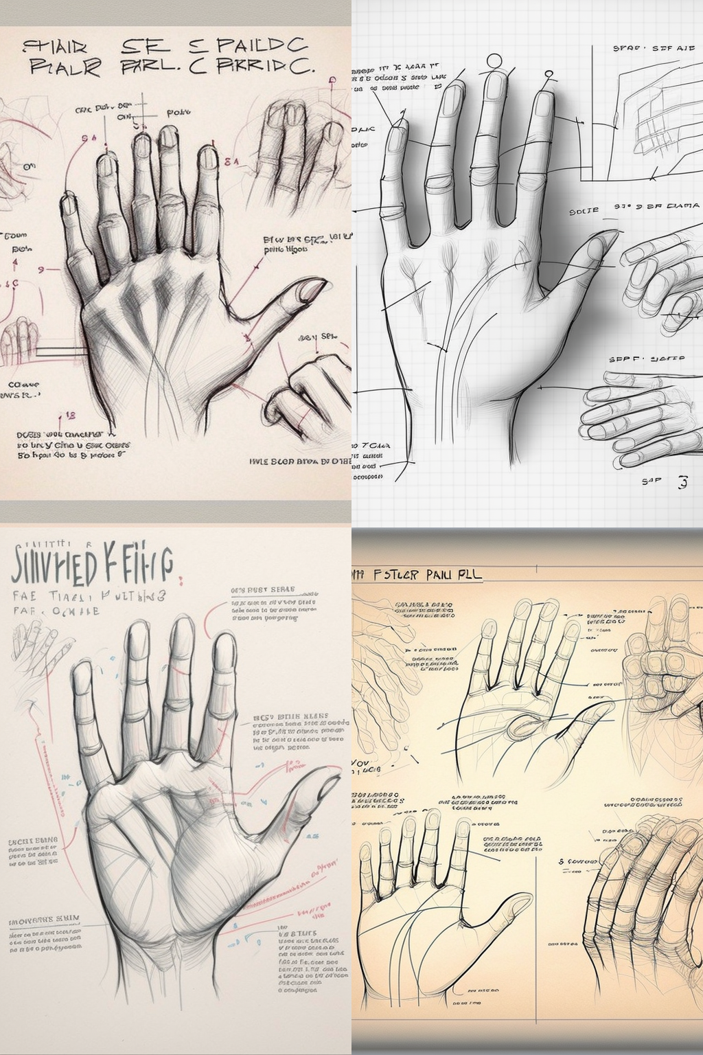 Four sketches surrounded by nonsense text as if from an art textbook about how to draw hands, but off in various ways. Several hands have six fingers instead of the usual five. One hand sketch shows fingers too-widely spaced while two others show fingers far too-closely spaced. One sketch shows the lines of the bones inside the hand that connect the fingers to the wrist crossing over one another. One sketch one finger with two fingernails. Another shows palm-crease lines that suggest that the palm closes side-to-side. Another shows fingers with too many knuckles. The most confused sketch suggests a finger grid, where fingers are chains of knuckles that go both along the hand and across the hand.