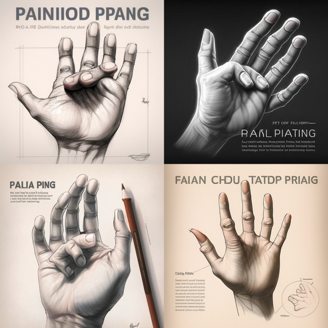 Four artistic sketches of hands, as if drawn in pencil, but the hands are all misshapen. Two hands have three extra fingers erupting from the center of the palm. One hand has two additional thumbs in the palm, with the pinky erupting from the back of the hand. Three of the hands show fingernails on the palm-side of the hand. One has a claw where the thumbnail would be.