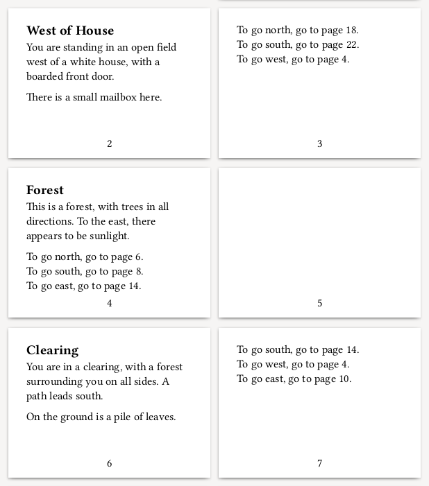 Six pages of a Gamebook showing three fantasy world locations and directions for moving to other locations by turning to other page numbers